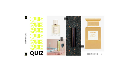 A cover image for Scentix quiz with the atomizer case in the gold and black colourway with Chloé and Tom Ford perfume bottes there to compliment them in the image.